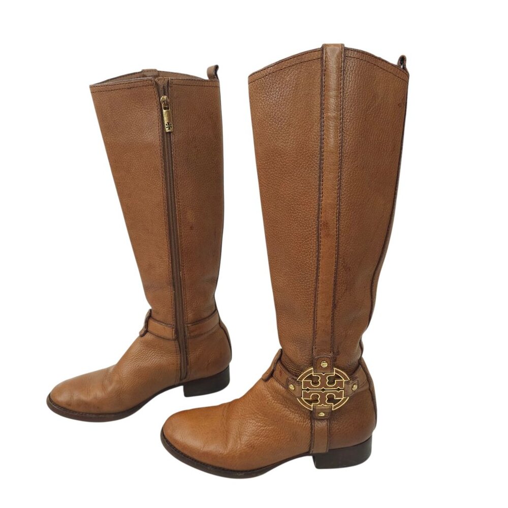 Tory Burch Amanda Tall Riding Boots READ Brown Leather Size 6.5 Side Zip Logo